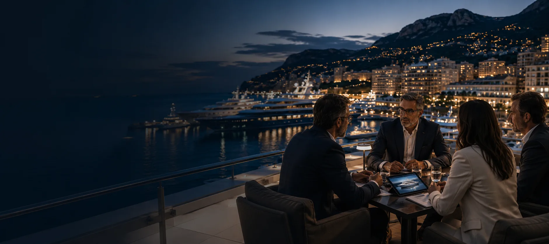Independent superyacht consultancy advisory meeting overlooking a Monaco harbour at dusk